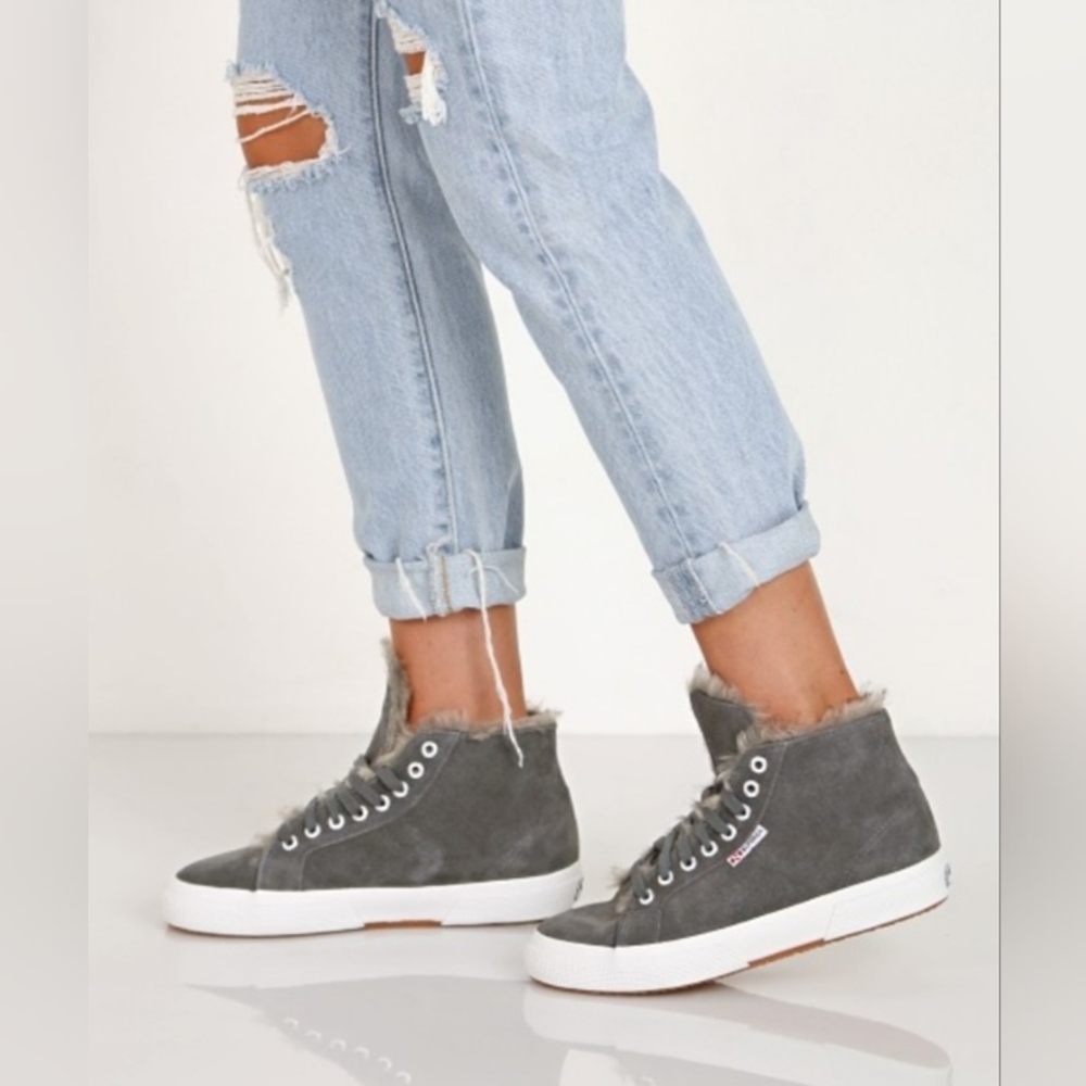 Superga Shearling Lined Dark Grey Suede Women's Sz 10 Lace Up